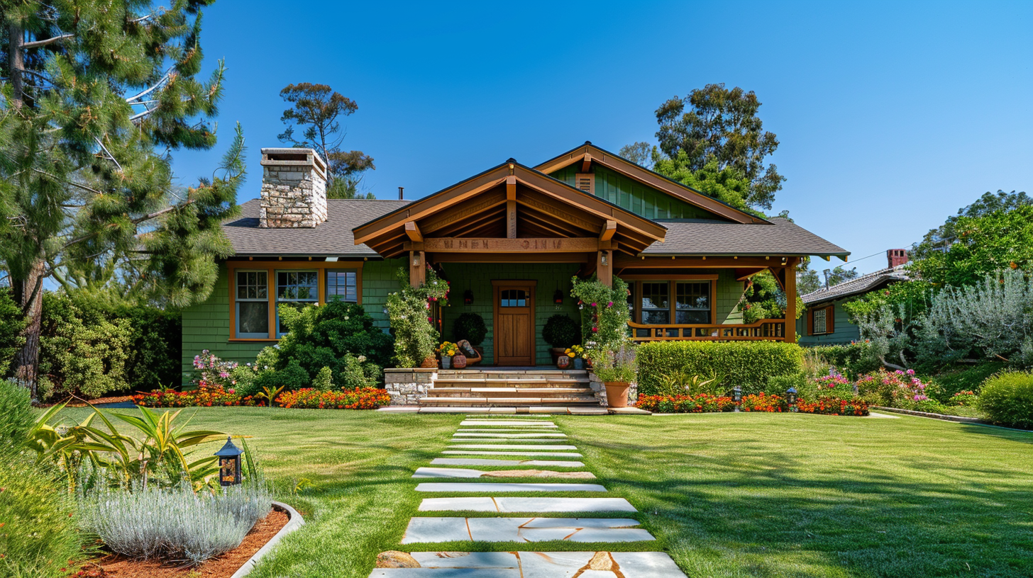 A moss green Southern California Craftsman-style house with a pathway in front of it.