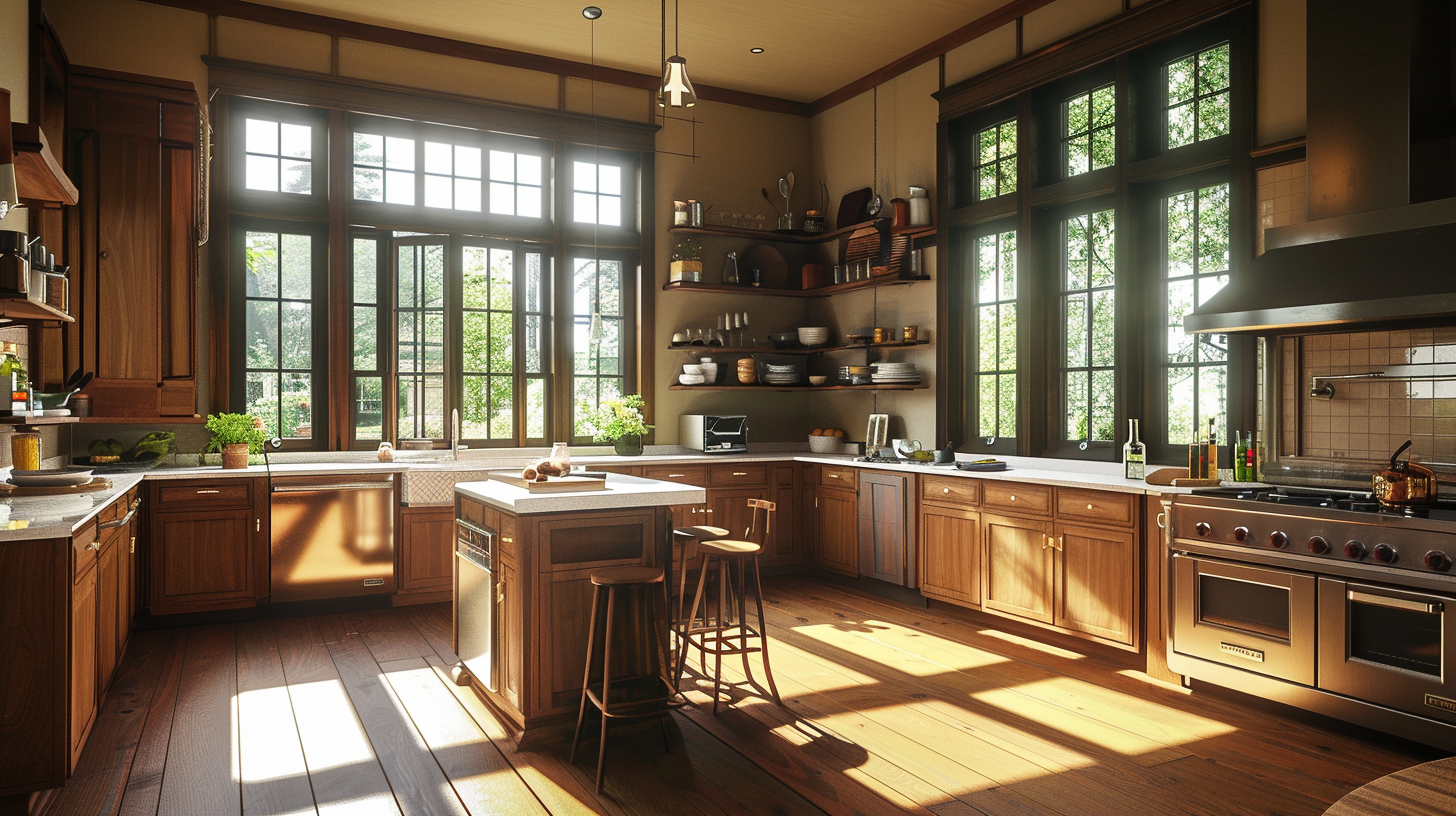 A Southern California Craftsman-style kitchen with wooden floors and large windows.