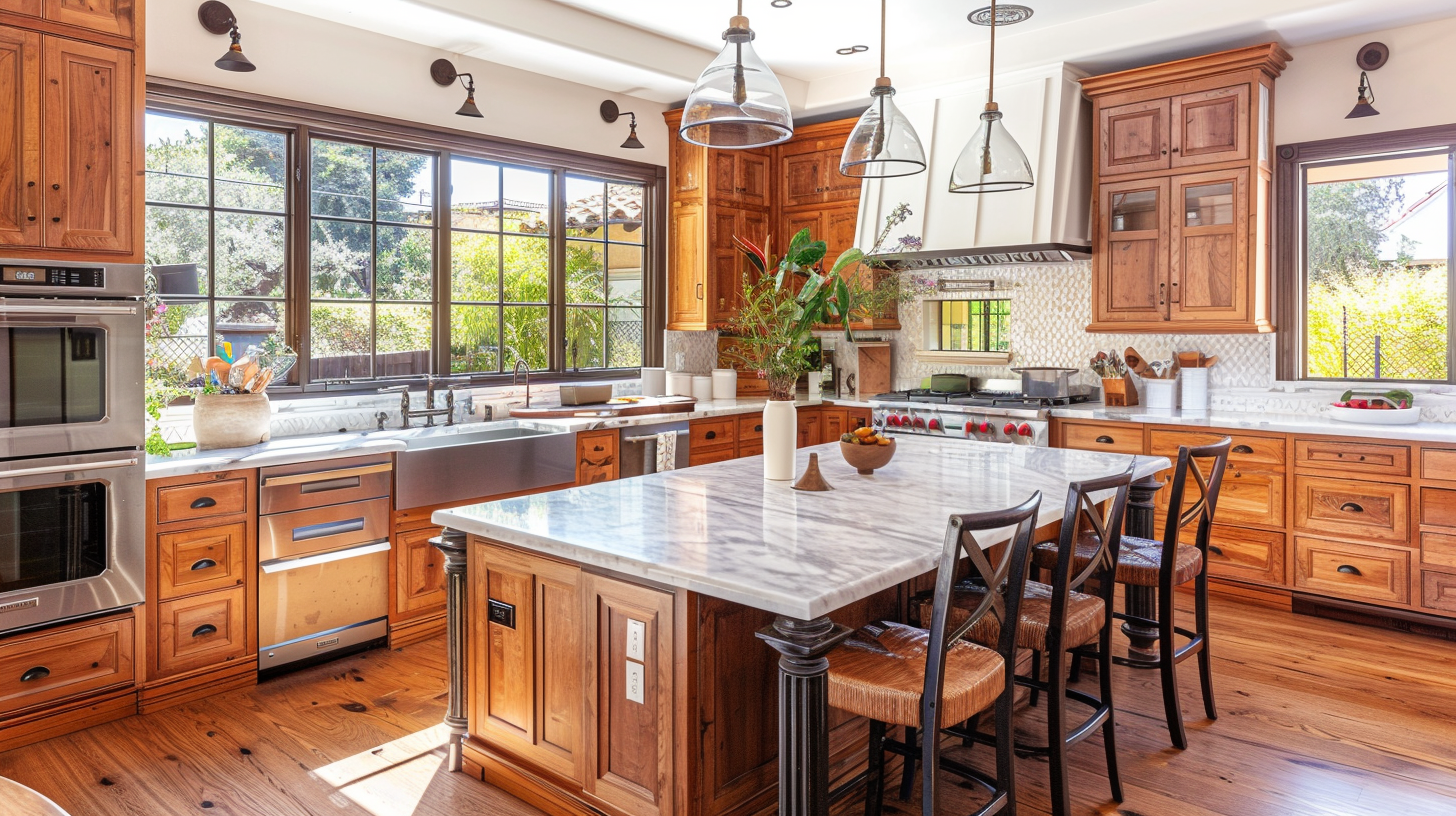 A remodeled Southern California kitchen with wood cabinets and a center island.