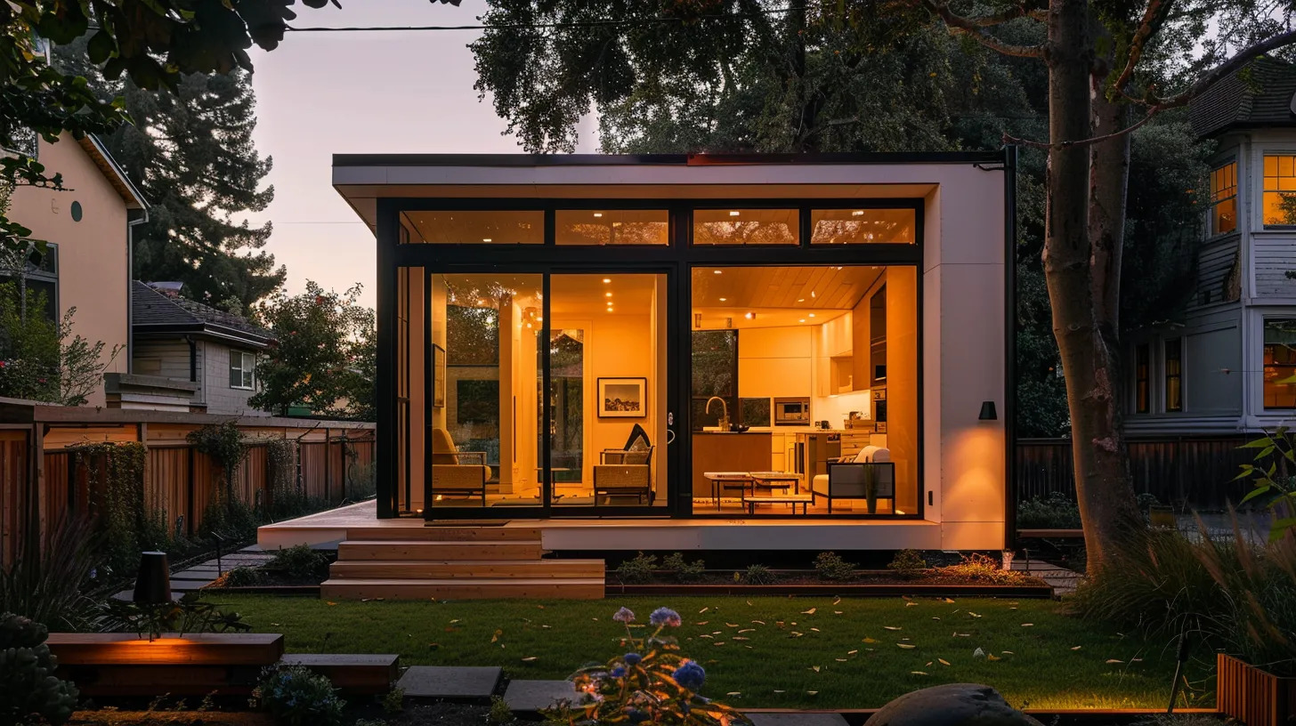 Modern ADU with large glass windows lit from inside, surrounded by trees and a lawn, at dusk.