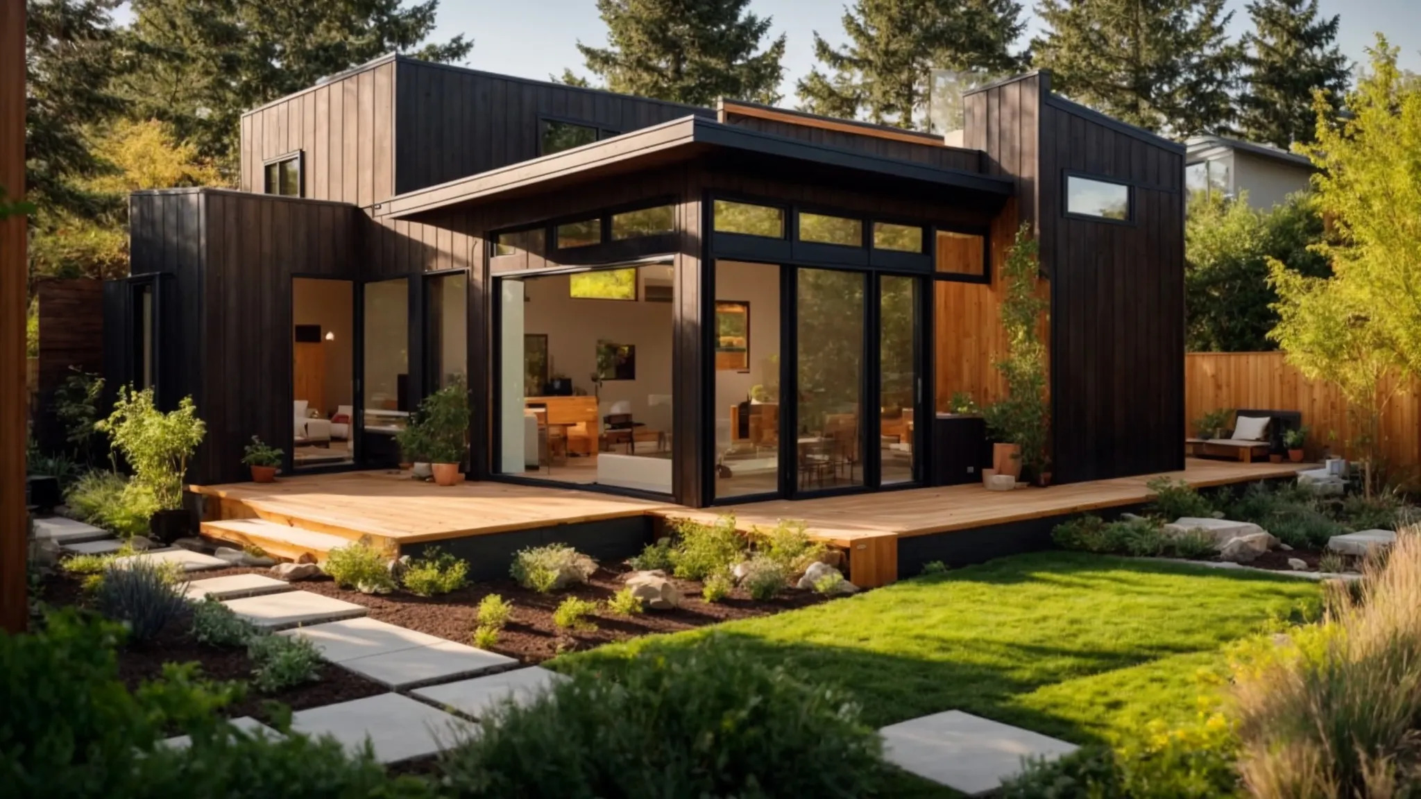 a modern, sunlit home with a partially constructed accessory dwelling unit (adu) in the backyard, showcasing a vibrant garden and construction materials, symbolizing the strategic use of home equity for financing home projects.