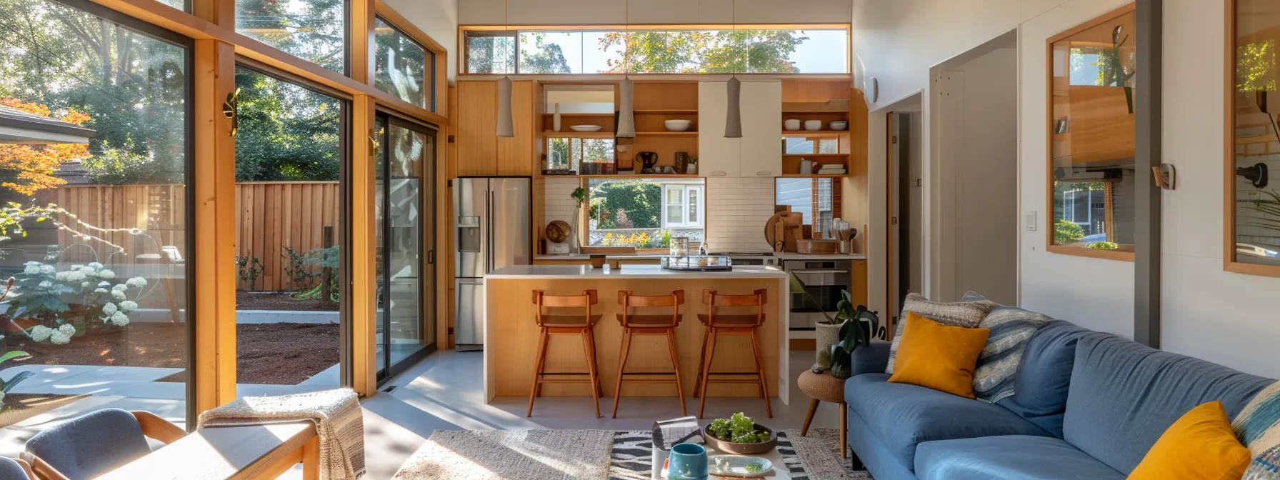 Modern open-plan ADU living area with large windows, a kitchen with wooden cabinets, an island with bar stools, and a cozy seating area featuring a blue sofa and decorative pillows.