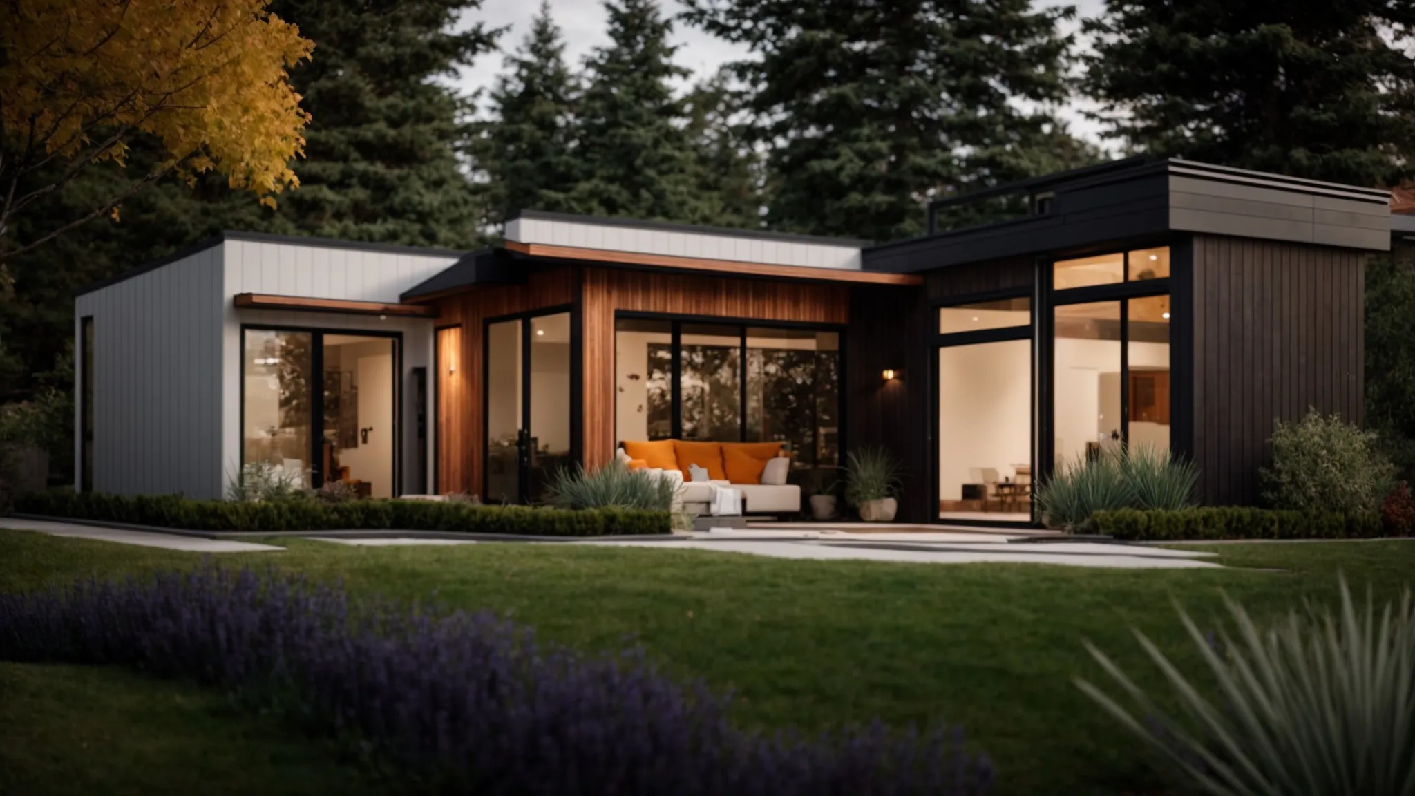 Modern ADU with large windows, warm lighting, and a well-kept lawn. Surrounded by tall trees, the scene is peaceful with outdoor seating visible on the patio.