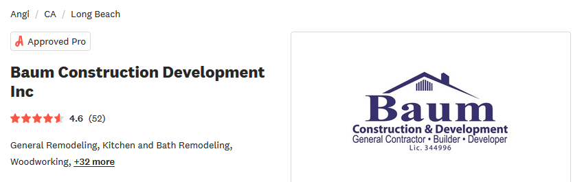 Baum Construction Development Inc listing with logo, 4.6-star rating from 52 reviews, and services including remodeling and woodworking shown.