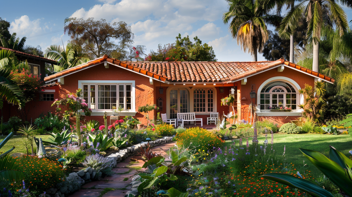 A newly remodeled terracotta Bungalow surrounded by lush landscaping in Southern California