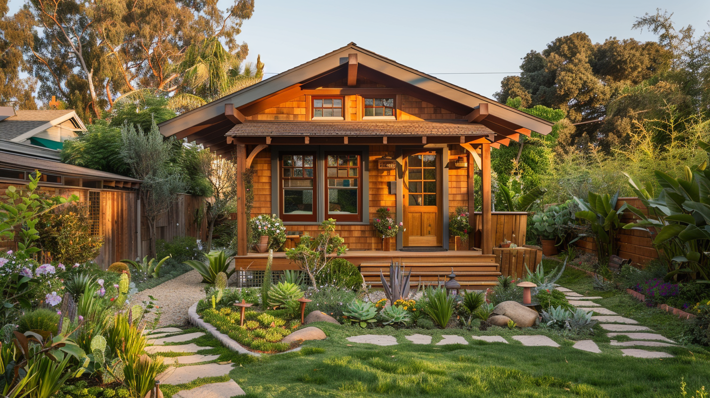 A craftsman-style ADU with a lush garden at dusk.