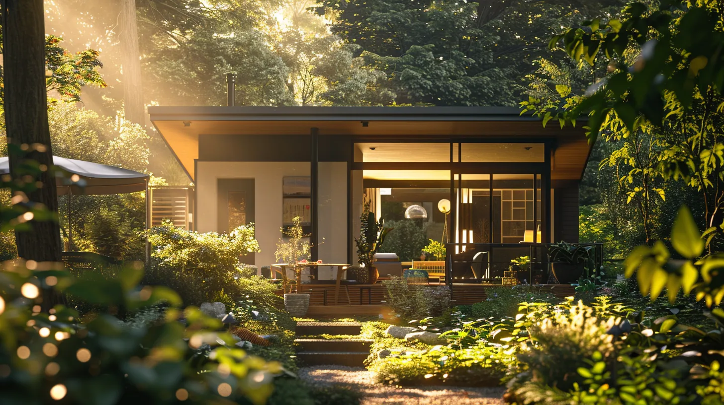 A modern house with large glass windows is surrounded by lush greenery and trees, illuminated by warm sunlight filtering through the foliage.